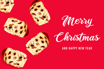 Pieces of chocolate panettone. Chocottone Falling in motion on red background.
