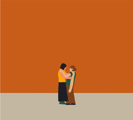 Obraz premium Meeting of two friends hugging in the street. Beautiful successful couple embracing in city. Togetherness concept. Vector cartoon illustration