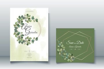 Fototapeta na wymiar eucalyptus Wedding invitation card template set with greenery leaves Premium Vector