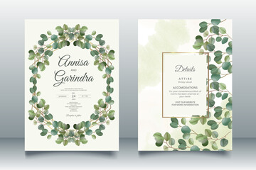  eucalyptus  Wedding invitation card template set with greenery leaves Premium Vector