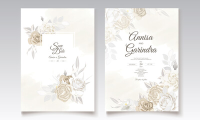 Wedding invitation card template set with beautiful floral leaves decoration Premium Vector