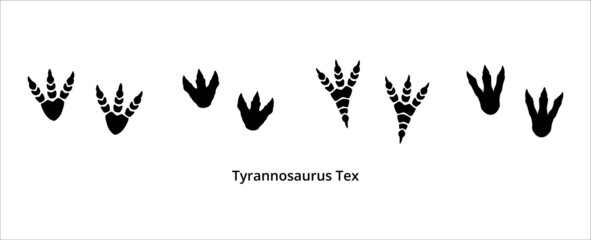 Various Tyrannosaurus rex foot print. Assorted T-rex foot print symbol. Dinosaur T-rex footprint stamp template. Vector stock illustration