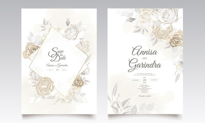 Wedding invitation card template set with beautiful floral leaves decoration Premium Vector