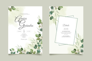Elegant wedding invitation card with leaves template Premium Vector