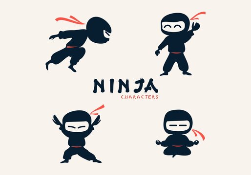 Cute Ninja Character in Different Poses, Flat Design Vector