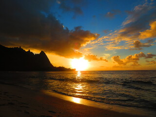 Beautiful sunset in Hawaii by ocean