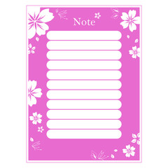card with pink flowers, a template for notes, for a diary and to do things