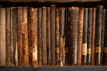 Collection of different library books on shelf, closeup