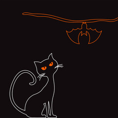 Simple cat look at the hanging bat on black background. Simple halloween greeting card.