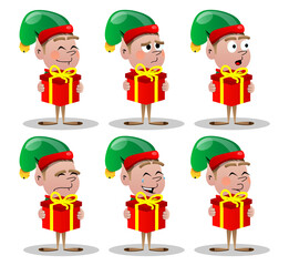 Christmas Elf holding big gift box. Vector cartoon character illustration of Santa Claus's little worker, helper.