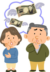 お金のことを心配するシニア夫婦の全身イラスト
