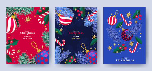 Merry Christmas and Happy New Year Set of greeting cards, posters, holiday covers. Modern Xmas design in blue, green, red, yellow and white colors. Christmas tree, balls, fir branches, decor elements