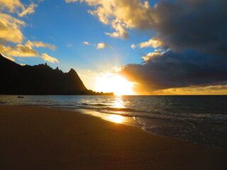 Beautiful sunset in Hawaii by ocean