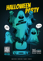 Halloween Party, ghost cute cartoon, character design for illustration, banner, template background or website.