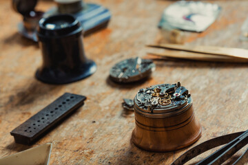 Closeup detail of an old clock or watch mechanism