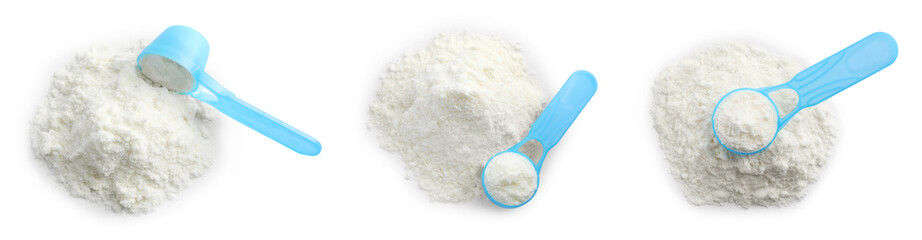 Set with powdered infant formula and scoops on white background, top view. Baby milk