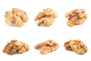 Set with tasty walnuts on white background