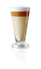 hot latte in glass on white background