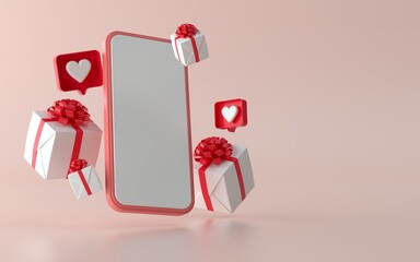 Social media phone with christmas gift illustration for banner. 3d illustration