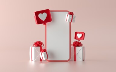 Social media phone with christmas gift illustration for banner. 3d illustration