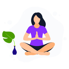 Woman mediating in nature. Flat design concept.