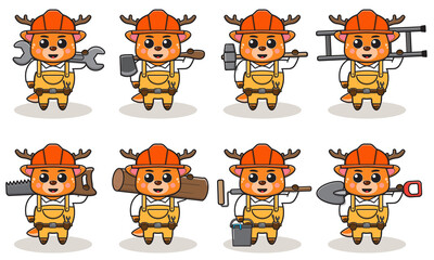 Cute cartoon of Deer being a handyman with big tools. Character animal. Cartoon style Handyman with the tools. Children's illustration.
