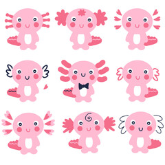 Hand drawn axolotls collection. Set of nine cute reptiles. Perfect for poster, textile and prints. Cartoon style vector illustration for decor and design.
