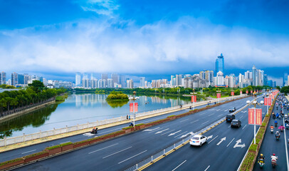 Fototapeta na wymiar Urban environment of Nanhu bridge in Nanning, Guangxi, China