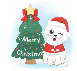 Cute cat and Christmas tree. Christmas season illustration.