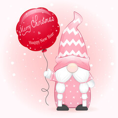 Cute gnome and red balloon Christmas illustration
