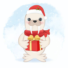 Cute walrus and gift box cartoon arctic animal Christmas illustration