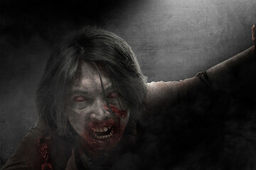 Scary zombie with blood and wound on his body standing