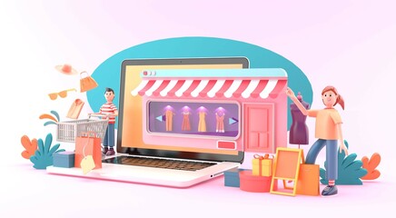 Online shop surrounded by Products, shopping bags and two characters on the pink background.-3d rendering.