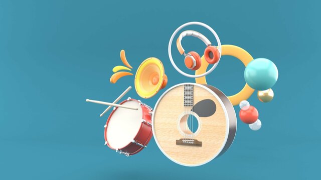 A circular guitar surrounded by snare drums and headphones on a blue background.-3d rendering..