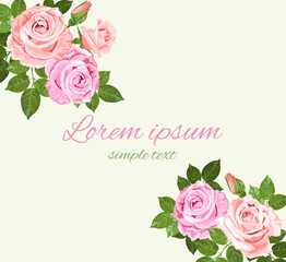 Pink and beige roses on the light green background greeting