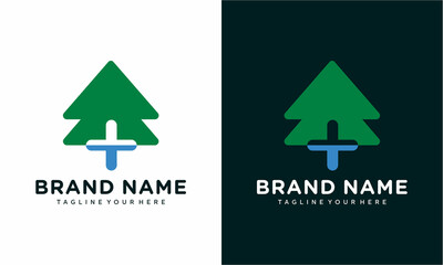 Cross Plus Medical Pine logo icon vector design template on a white and green background.