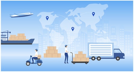 Global logistics distribution network. Export, import, warehouse business, transportation. Business logistics, Shipping delivery  by truck, plane, motorbike vector illustration