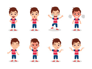Cute beautiful kid boy character doing different actions waving posing with different facial expression and emotions angry cry happy cheerful