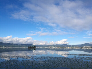 Panorama view of the lake Suwa in the Kiso Mountains, Nagano, Japan.