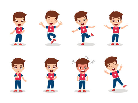 Cute beautiful kid boy character doing different actions waving posing jumping with different facial expression and emotions angry cry happy cheerful