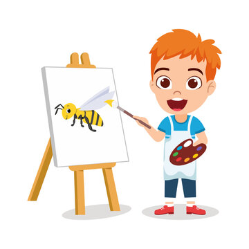 Happy cute beautiful kid boy character wearing painter outfit standing with paint color and paint brush and paint board and drawing bee