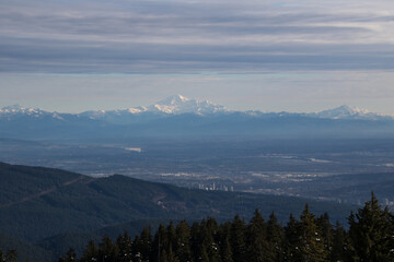 A view of a valley with a snow capped mountain peak