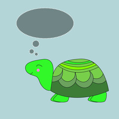 Cute graphic cartoon turtle with message  on gray isolated background. greeting card illustration.