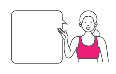 説明をする女性スポーツトレーナーのシンプルなイラスト　ふきだし付き