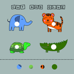 worksheet vector design, the task is to cut and glue a piece on colorful  tiger, elephant, turtle, crocodile.  Logic game for children.