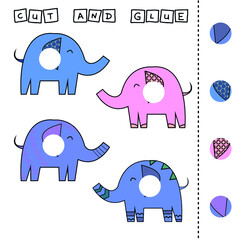 Developing an activity for children, the task is to cut and glue a piece on colorful cute  elephants . Logic game for children.
