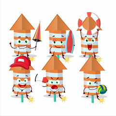 Fototapeta premium Happy Face rocket firework orange cartoon character playing on a beach