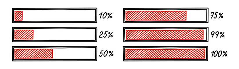 Progress loading bar. Infographics design element with red status of completion. Hand drawn vector illustration isolated in white background