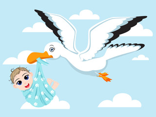 Cute beautiful newborn baby character flying with bird on sky with cloud baby shower concept isolated