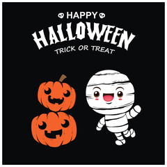 Vintage Halloween poster design with vector mummy character. 